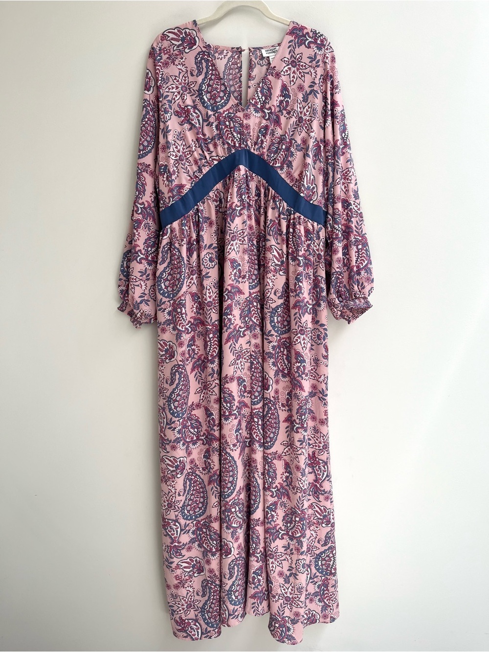 Unique Vintage Blue Pink Paisley Print Buttercup Maxi Dress Empire Waist 1X
